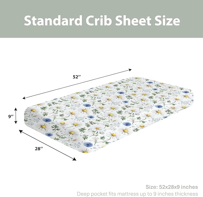 Vintage Daisy Boho Floral Baby Crib Sheets for Boy Girl 52x28Inch Wild Flowers Leaves Soft Stretchy Fitted Crib Mattress Cover Spring Summer Baby Sheet for Standard Crib and Toddler Mattress