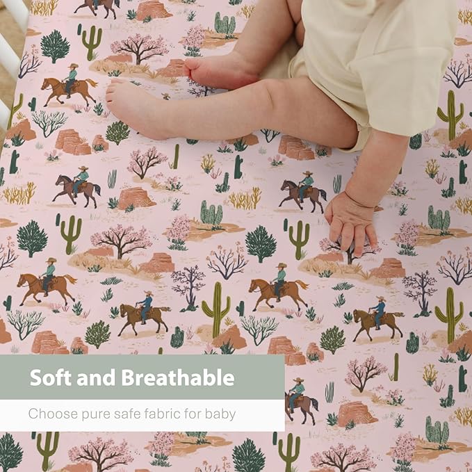 Retro Western Cowboy Pink Baby Crib Sheets for Boy Girl 52"x28" Vintage Cowboy Cactus Soft Stretchy Fitted Crib Mattress Cover Wild Desert Baby Sheet for Standard Crib and Toddler Bed Mattress