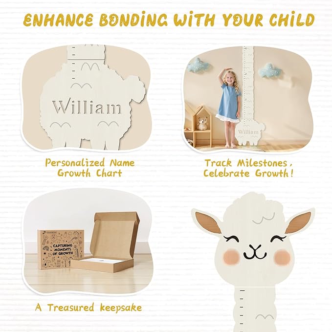 Woodemon Personalized Name Height Chart for Wall, Alpaca Wood Growth Chart, Height Measurement for Wall Girls Boys Teen Room Wall Decor 63" x 15.7"