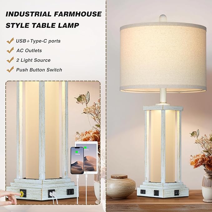 Cinkeda 27" Tall Vintage Table Lamp Set of 2 with USB C+A & Outlet,Nightstand Lamp for Living Room,Bedside Lamps with Frosted Glass Night Light for Bedroom Entryway,White