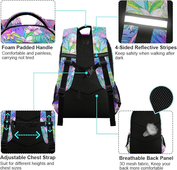 MNSRUU School Backpack with Chest Strap, Flamingo Tropical Bird Flower Laptop Backpack One Size