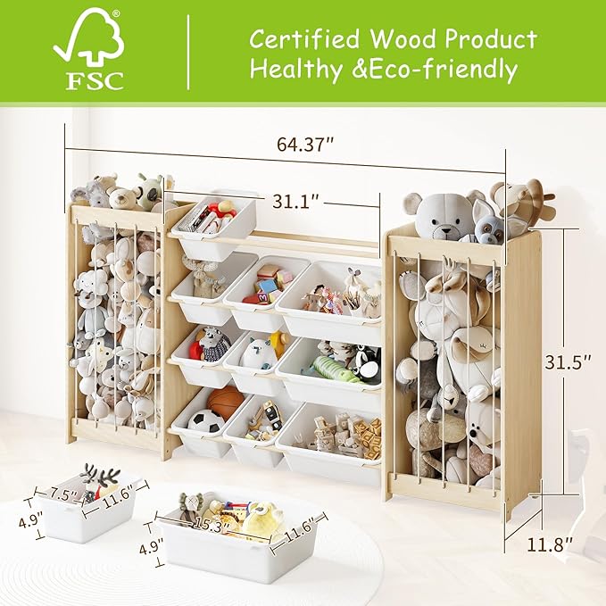 EXPERLAM Toy and Stuffed Animal Storage, 12-Bin Toy Shelf with Double-Sided Stuffed Animal Holder & Thicker Elastic Ropes, Space-Saving Solid Wood Toy Organizer for Playroom, Nursery, Bedroom, White