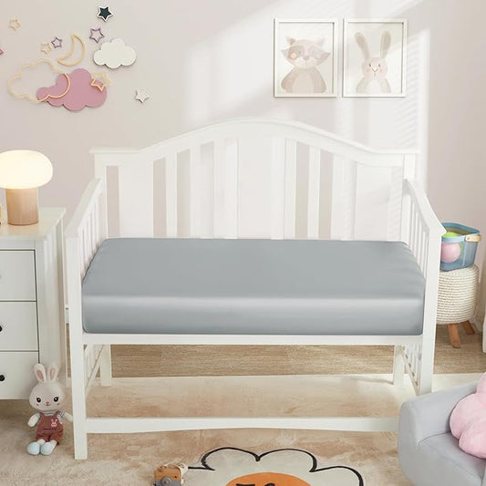Horbaunal 2 Pack Satin Crib Sheets for Baby, 52" x 28" x 8" Silky Fitted Crib Sheets, Soft Toddler Sheet Baby Mattress Sheet, Blush Pink & Grey