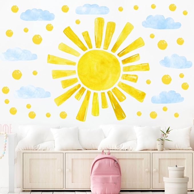 Eutecado Large Sun Wall Decals Cloud Polka Dots Wall Stickers for Girls Room, 12 Sheets Watercolor Sun Wall Decor Stickers Cute Cloud Wallpaper Delicate Decorations for Kids Room Bedroom