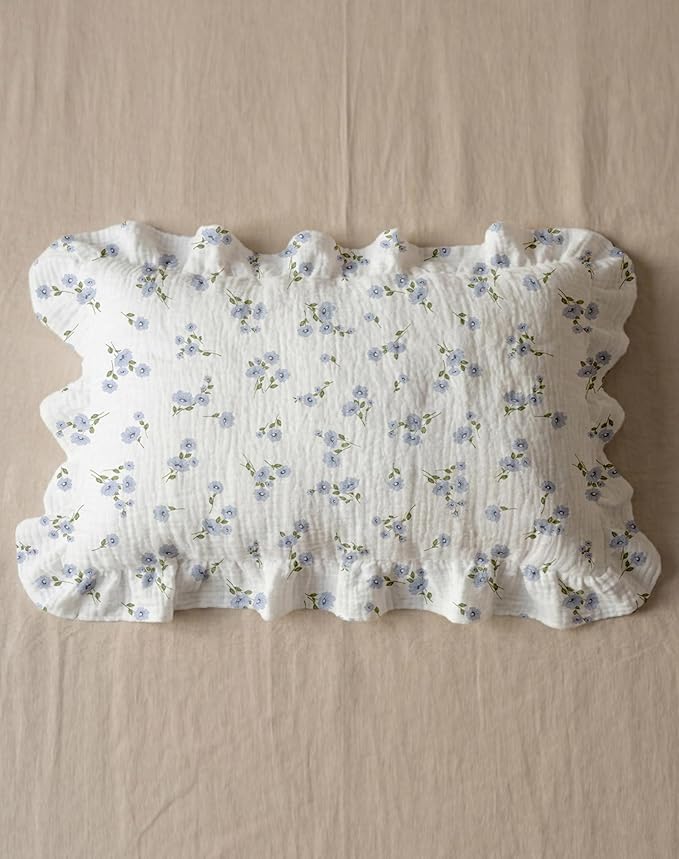 Muslin Ruffled Toddler Pillowcases 13"x18" 2 Pack, Soft, Breathable Muslin Cotton Travel Pillow Covers with Envelope Closure for Baby Boys, Girls & Kids (Vintage Blossom-Ruffled, 13 x 18 Inch)