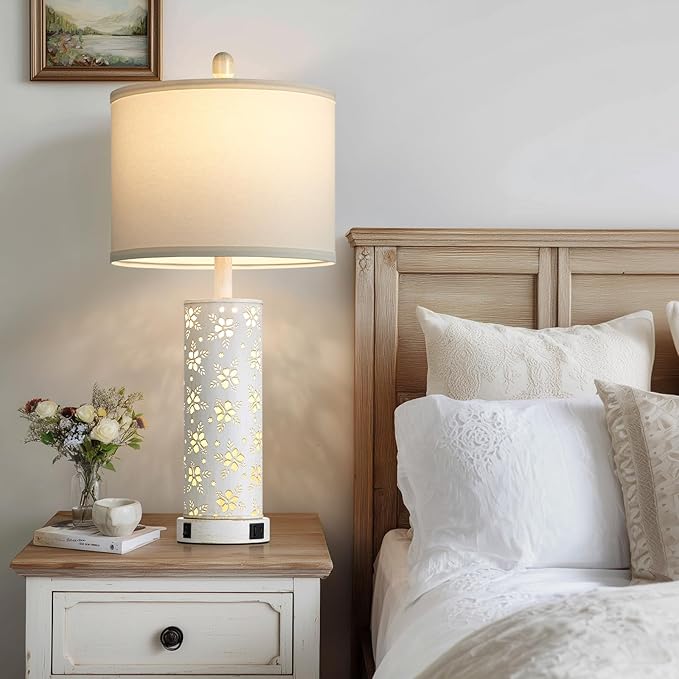 Cinkeda Set of 2 Rustic Table Lamps for Living Room Bedroom, Vintage Farmhouse Nightstand Lamp with 2 USB Ports, Hollow Out Metel Lamp for End Table with Nightlight (Retro White)