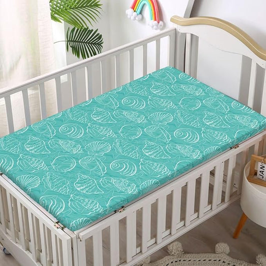 Sea Shells Themed Fitted Mini Crib Sheets,Portable Mini Crib Sheets Ultra Soft Material-Crib Mattress Sheet or Toddler Bed Sheet,24“ x38“,Seafoam White