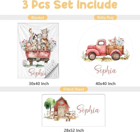 Custom Baby Bedding Set - 3 Pcs Personalized Name Crib Bedding Set for Nursery - Cute Baby Crib Set with Double Layer Blanket for Boys Girls - Customized Gifts for Toddler Infant - Farm Animals