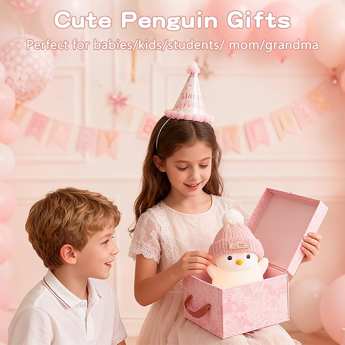 FAMIDUO Penguin Night Light, Cute Pink Penguin Lamp with Knit Hat, Soft Silicone Nursery Nightlight for Baby, Rechargeable/Dimmable/Timer,LED Squishy Novelty Animal Bedside Lamp,Funny Gifts for Kids