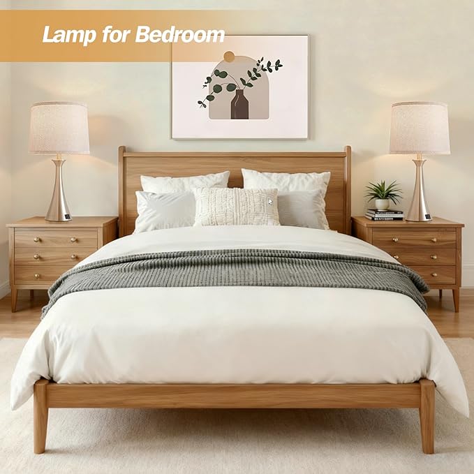 Hikczc Touch Lamp for Living Room Bedroom, 21" Table Lamps Set of 2 with USB C+A Ports and Grey Lamp Shades, Touch Bedside Lamps for Nightstand with 3 Way Dimmable, 2 LED Bulbs Included, Silver