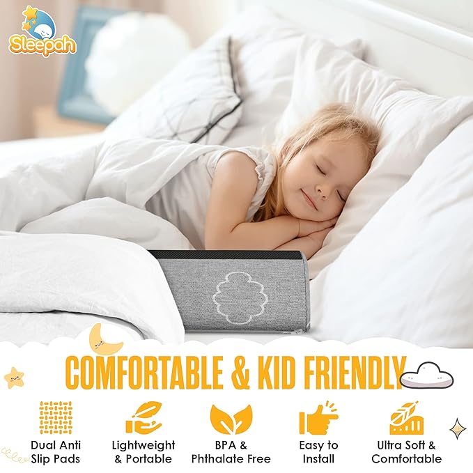 Sleepah Bed Bumpers for Toddlers Memory Foam Rail Guards Waterproof Washable Dual Sided Non-Slip Soft Cover - Safety Guard Noodle Long Pillow Pads for King Queen Full Twin Beds (1 Pack)