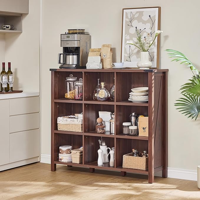 Joaxswe 9 Cube Bookcase, Farmhouse 47 Inch Wide Brown Walnut Bookshelf, Wooden 3 Tier Display Large Open Book Shelf, Vintage Horizontal Book Case for Home Office, Cubby Storage Cabinet for Living Room