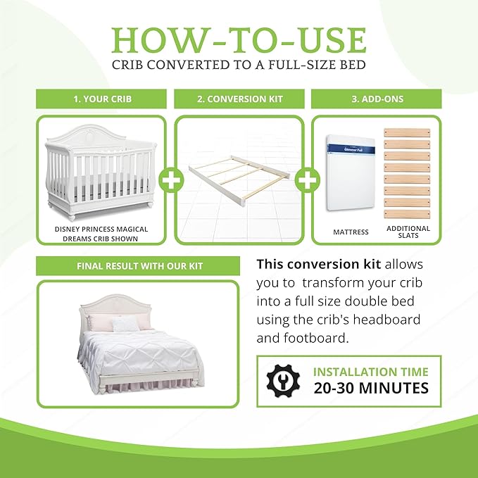 Full-Size Conversion Kit Bed Rails Compatible with Delta Children Convertible Cribs - Solid Wood Rail #0050 - Toddler and Adult Bed Rail for Full-Size Beds - Baby Furniture (White Ambiance - 108)