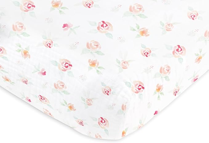 SwaddleDesigns Softest Cotton Muslin Fitted Crib Sheet, Toddler Sheet for Boys & Girls, Fits Standard Crib Mattress (28 x 52 inches), Watercolor Peachy Pink Floral