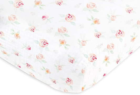 SwaddleDesigns Softest Cotton Muslin Fitted Crib Sheet, Toddler Sheet for Boys & Girls, Fits Standard Crib Mattress (28 x 52 inches), Watercolor Peachy Pink Floral