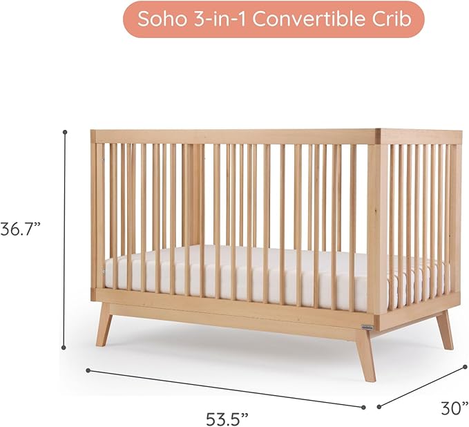 dadada Baby Soho 3-in-1 Convertible Wooden Crib to Toddler Bed - Made in Italy, GREENGUARD Gold Certified, Baby-Safe Finish, Handcrafted Beechwood, Modern Design, 3 Adjustable Heights (Natural)