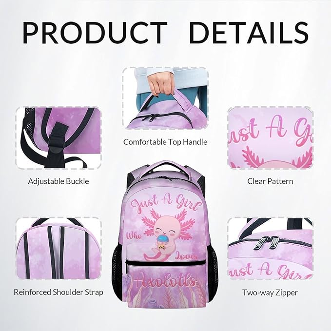COZYAURA Kids Backpack with Lunch Box - Cute Axolotl Preppy Backpack for School - Lightweight Pink Backpacks for Girls