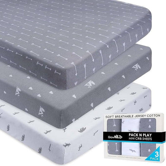 GROW WILD Pack n Play, Mini Crib Sheets 3-Pack | Soft Jersey Sheet Set for Boys or Girls | Playard Mattress, Pack and Play Sheets Fitted | Portable Bassinet Sheet - Woodland Nursery Decor