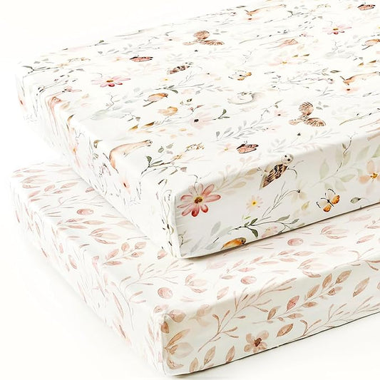 GRSSDER Stretch Ultra Soft Jersey Knit Fitted Crib Sheets Set 2 Pack，Fit All Standard Crib Mattress Pads Safe and Snug, Crib Fitted Sheet for Girls, Beautiful Blush Pink Floral and Cute Animals Print
