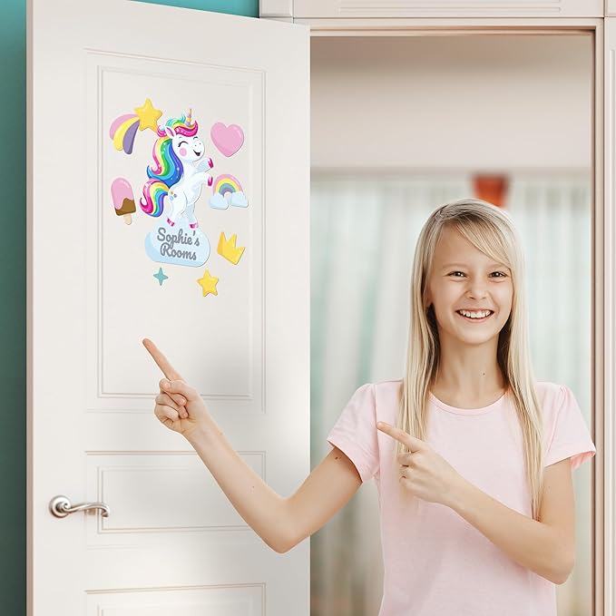 EGD Custom Unicorn Door Decal with Name | Door Decals for Bedroom or Nursery | Personalized Vinyl Wall Decal for Kids Room | Cute Magic Theme Wall Stickers for Girls (G. Unicorn)
