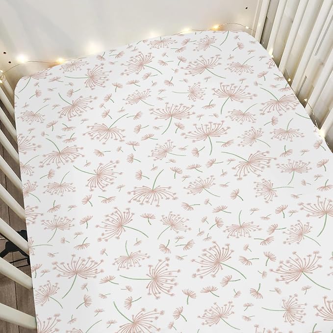 Pink Dandelions Flower Baby Crib Sheets for Boy Girl 52x28Inch Nature Neutral Floral Soft Stretchy Fitted Crib Mattress Cover Spring Summer Baby Sheet for Crib and Toddler Bed Mattresses