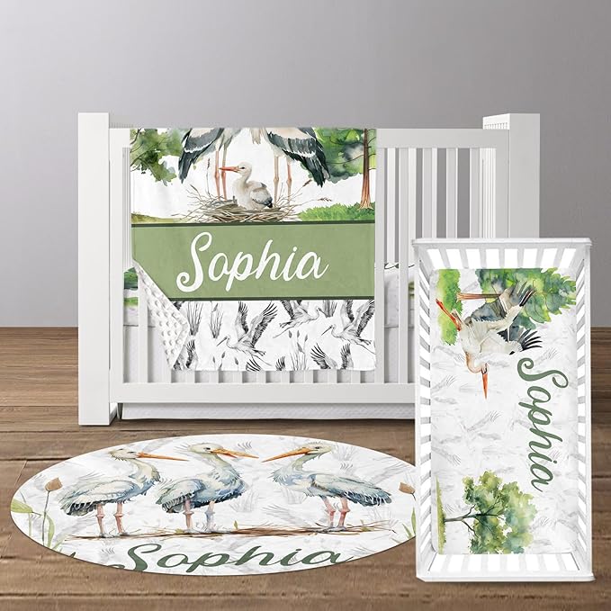 Custom Baby Crib Bedding Set, Personalized Name Moon Crane Design Crib Set 3 Pcs, Soft Double Layer Blanket, Crib Sheet & Room Rug, Ideal Nursery Decor Gift for Baby Girls Boys