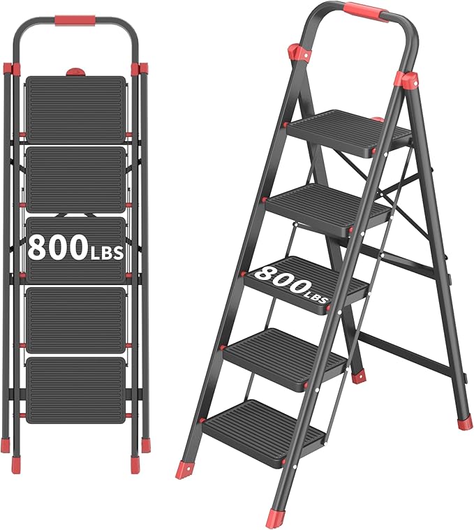 DIAMONDFORGE 5-Step Foldable Step Ladder Stool with Handle, Anti-Slip Wide Pedals & Feet, 800lbs Capacity, Sturdy Stepstool Folding for Adults in Home & Kitchen Use - Black