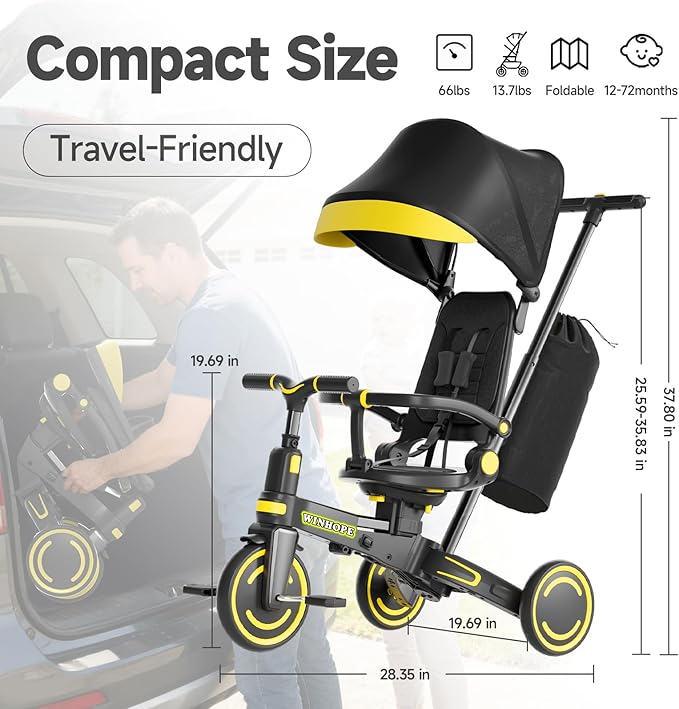 WinHope 9-in-1 Push Tricycle for Toddlers 1-3 Years | Convertible Kids Trike with Adjustable Parent Handle & Safety Harness, Lightweight Foldable Design + Storage Basket for Boys & Girls (Black)
