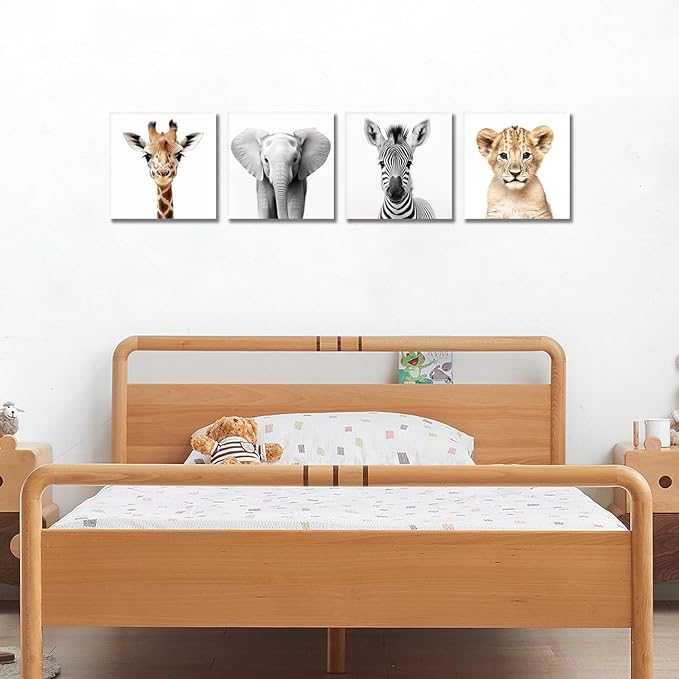 Kids Wall Art Cute Safari Animals Painting Picture for Nursery Children's Room Kids Bedroom Wall Decor Poster Giraffe/Lion/Elephant/Zebra Artwrok Framed,Set of 4