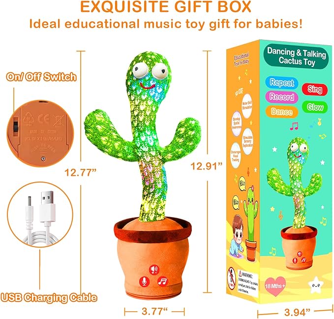 Rechargeable Dancing Talking Cactus Toy Mimics Back, Singing Mimicking Cactus Baby Toy That Talks Back, Educational Baby Toys 18 months+ w/ English Songs, Learning Toys for Baby Girl Boy Gifts