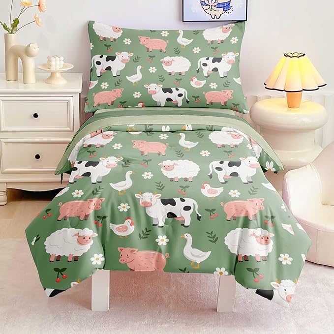 4 Pieces Toddler Bedding Set for Boys Girls,Farmhouse Farm Animal Toddler Comforter Set Bed in a Bag Includes Comforter, Flat Sheet, Fitted Sheet and Pillowcase