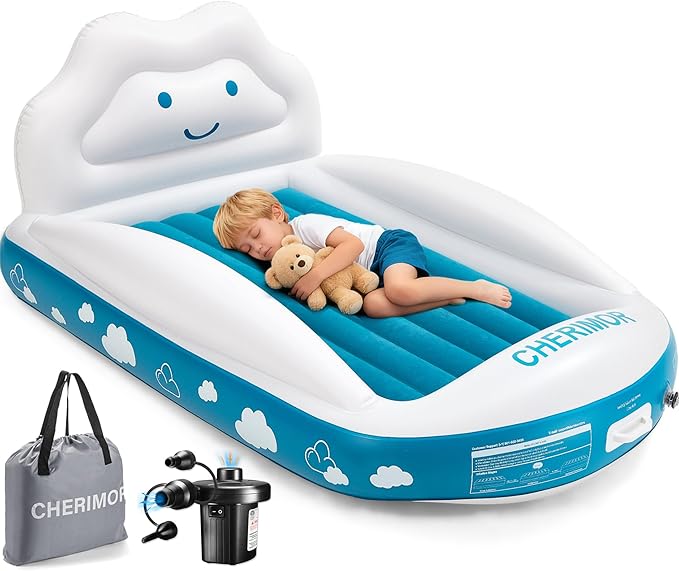 Inflatable Toddler Travel Bed, Portable Toddler Bed with 4-Sides Safety Bumpers & Fast Auto Inflation Pump, Kids Air Mattress for Travel Camping, Grandma's Home Sleepovers Blow Up Mattress