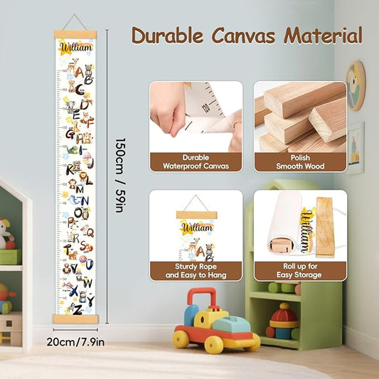 Personalized Name Baby Height Growth Chart Wall, Alphabet and Animal Canvas Growth Chart for Wall Removable, Waterproof Growth Ruler for Wall Toddler Wall Decor