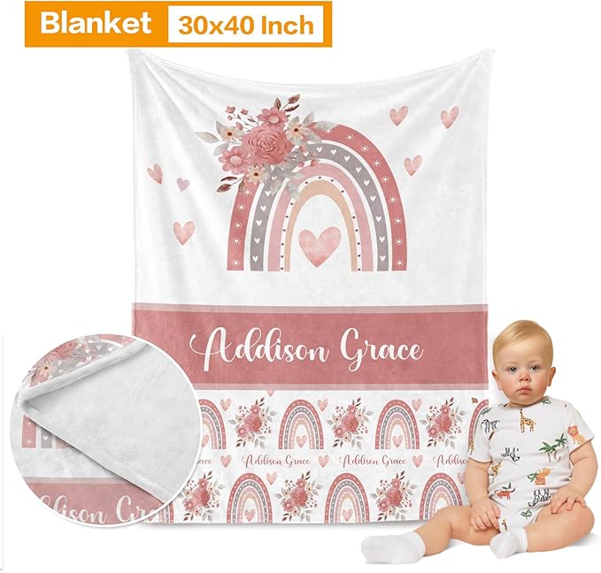 Custom Nursery Crib Bedding Set: Personalized Nursery Decor Baby Blanket Fitted Crib Sheet Changing Pad Cover Baby Room Rug Love Pink Rainbow Pattern Pink Bedding Gift Idea(Fixed Size)