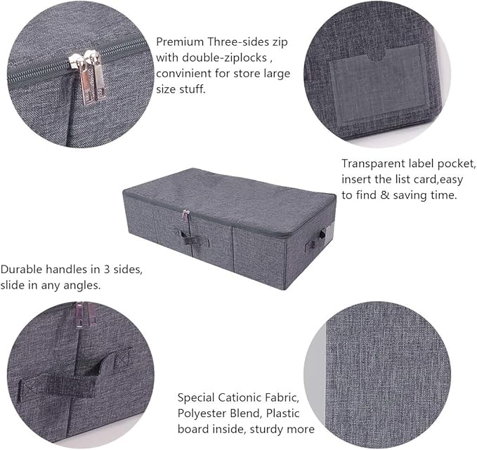 iwill CREATE PRO Underbed Storage Boxes for Bedding/Garment/Duvets/Blankets/Shoes, Folding Fabric Rigid Under bed Storage Bins with Zip Lid, Washable, Black Gray