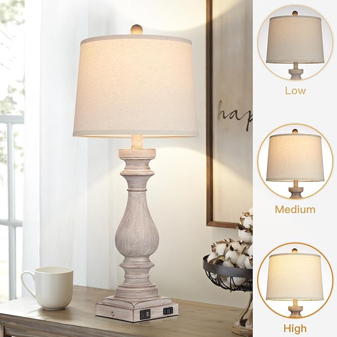 Cinkeda 29" Tall Table Lamp for Living Room Set of 2,Vintage Bedside Nightstand Lamps with USB C+A Ports & AC Outlet,3-Way Dimmable Touch Control Desk Lamp for Bedroom,Color 2