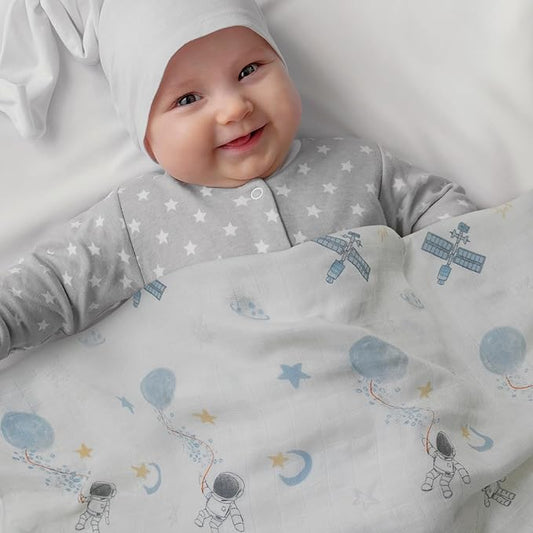 GLLQUEN BABY Receiving Blanket Boy Cotton Muslin Swaddle Blankets Girl Newborn Squares Breathable & Soft Thin Baby Blankets Cloths Double Absorbent Infant Swaddling Wrap - 3 Pack (Blue Astronaut)