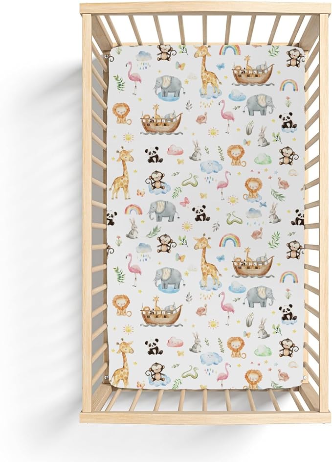 Cute Animals Ship Baby Crib Sheets for Boy Girl 28"x52" Lion Panda Giraffe Flamingo Rainbow Sun Leaves Soft Snug Fitted Crib Mattress Cover Wildlife Baby Sheet for Standard Crib & Toddler Bed Mattress
