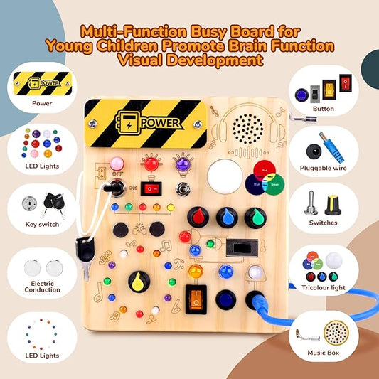Busy Board,Montessori Toys for 1-3 Year Old Boys & Girls,Travel Educational Learning Activities for Toddlers,Sensory Toy for Kids with Autism (Busy Board v5)