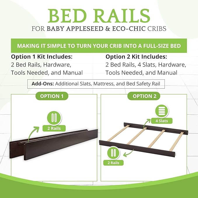 Full-Size Conversion Kit Bed Rails for Baby Appleseed and Eco-Chic Convertible Cribs - Solid Wood Rail - Toddler and Adult Bed Rail for Full-Size Beds - Nursery and Baby Furniture (Espresso, Option 2)