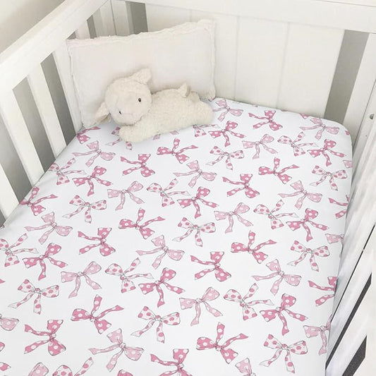 Pink Dot Bows Baby Crib Sheets for Girls Sweet Girly Bows Soft Stretchy Fitted Crib Mattress Covers for 52''x28'' Standard Crib & Toddler Bed Mattress Cute Pastel Ribbon Valentine Baby Sheets