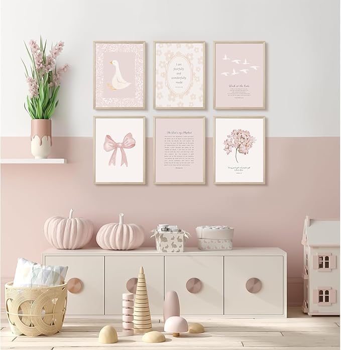 Nursery Christian Wall Art Bible Verse Prints Pink Girl Nursery Room Canvas Wall Decor Coquette Bow Poster Jesus Boho Scripture Pictures Vintage Floral Artwork for Bedroom 8x10x6 Inch Framed