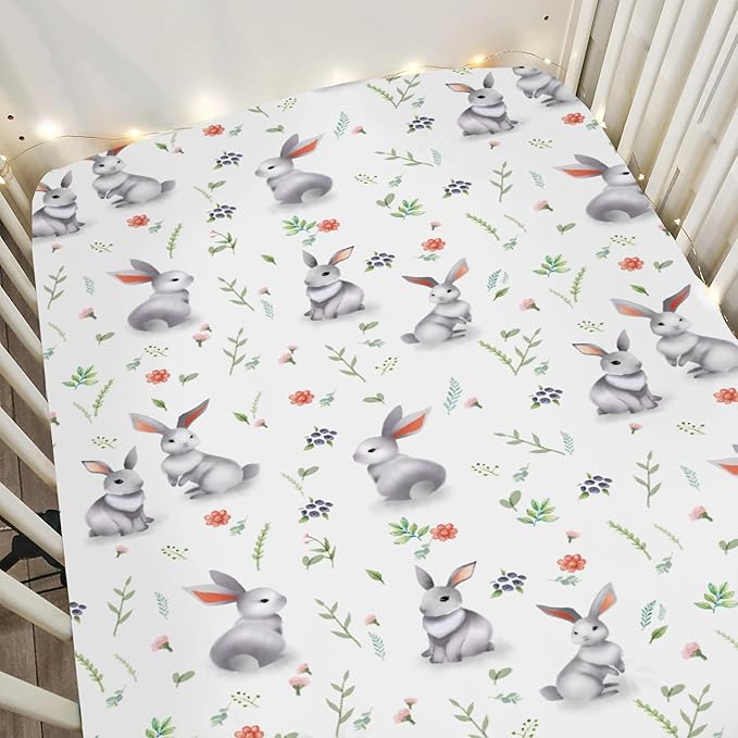 Easter Spring Bunny Flowers Baby Crib Sheets for Boy Girl 28"x52" Rabbit Boho Wildflower Soft Snug Fitted Crib Mattress Cover Garden Animal Nursery Baby Sheet for Standard Crib and Toddler Mattress