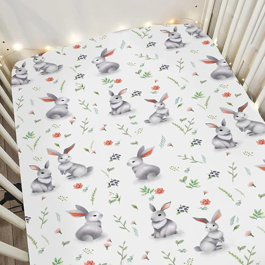 Easter Spring Bunny Flowers Baby Crib Sheets for Boy Girl 28"x52" Rabbit Boho Wildflower Soft Snug Fitted Crib Mattress Cover Garden Animal Nursery Baby Sheet for Standard Crib and Toddler Mattress