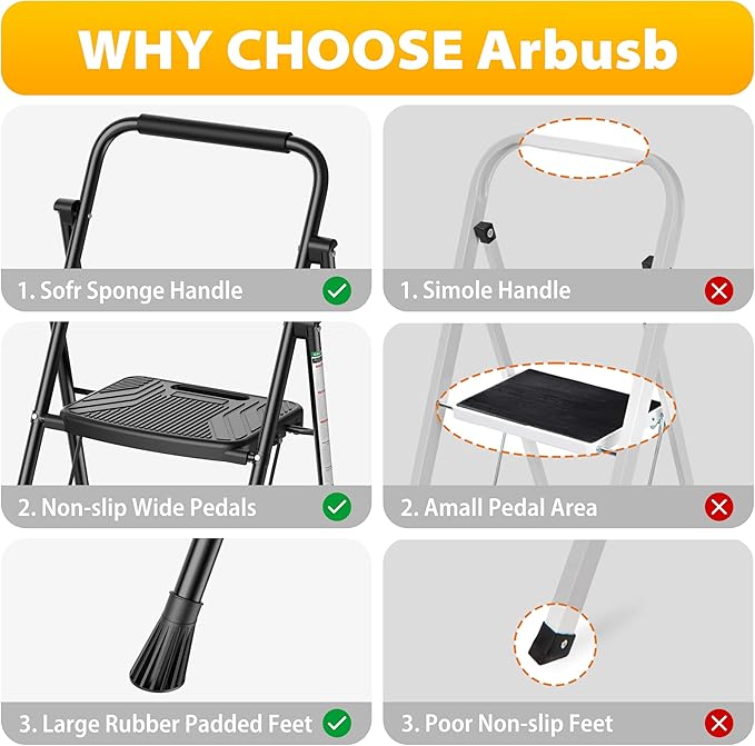 3 Step Ladder, Folding Step Stool with Wide Anti-Slip Pedal and Handrail, Safe-Lock Design, Lightweight, 500lbs Load, Sturdy Steel Ladder, Black