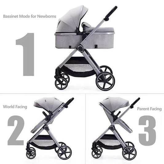 2 in 1 Baby Stroller, Newborn Infant Toddler Convertible Pram Stroller for 0-36 Months Old Babies (Grey)