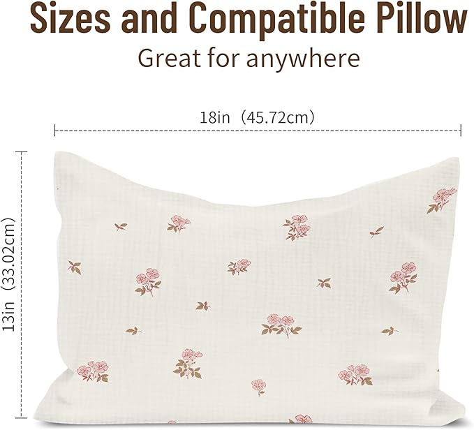 Toddler Pillowcases for 13"x18" Pillow 2 Pack, Muslin Small Toddler Baby Kids Travel Pillow Covers for Boys Girls with Envelope Closure (Flower G & Pink, 13 x 18 Inch)