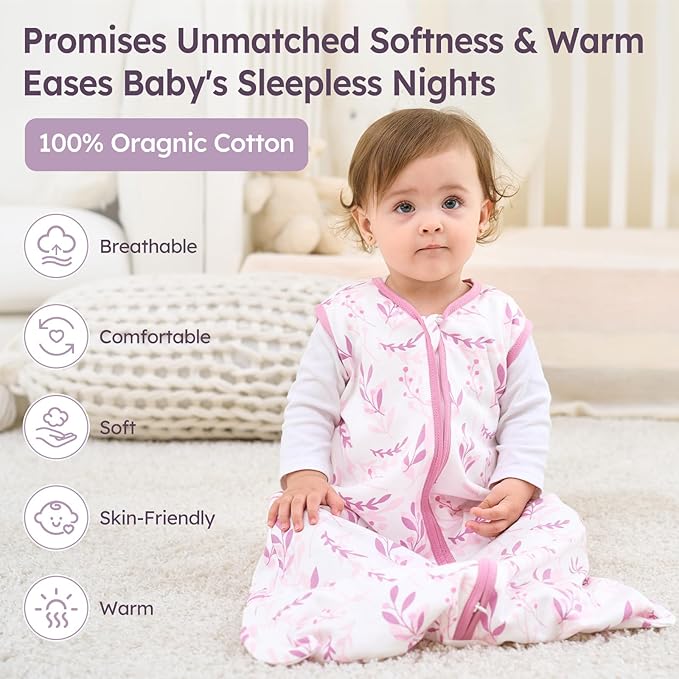 Baby Sleep Sack 18-24 Months 3 Pack 100% Cotton Lightweight 0.5 TOG Wearable Blanket Baby Sleep Bag with 2-Way Zipper for Newborn Infant Purple Leaf
