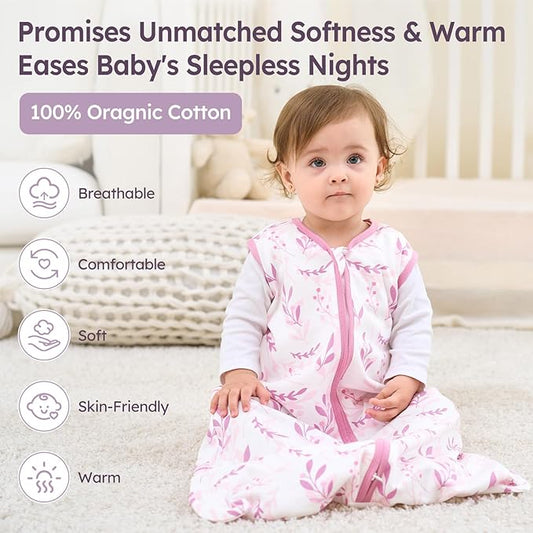 Baby Sleep Sack 12-18 Months 3 Pack 100% Cotton Lightweight 0.5 TOG Wearable Blanket Baby Sleep Bag with 2-Way Zipper for Newborn Infant Purple Leaf