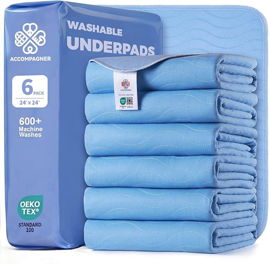Accompagner Waterproof Reusable for Adults and Pets Washable Pee Pads for Dogs Changing Pad Large Dog Bed Size Adults Incontinence Bed Pads - Non-Slip Leak-Proof (Blue, 6Pack-24" x24")